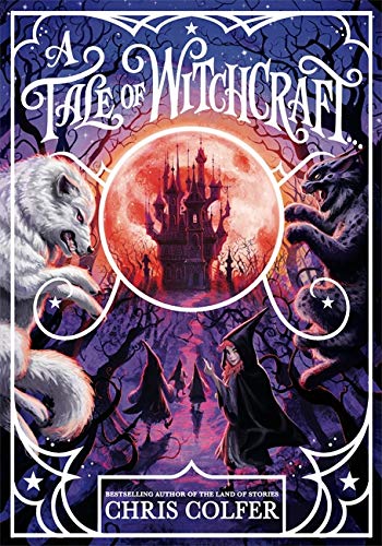 Book cover with castle, wolves, witch, and starry border.