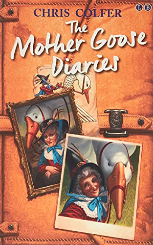 Book cover with vintage suitcase background and two photos of Mother Goose with goose heads.