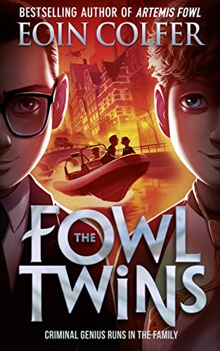 Book cover featuring two boys and a speedboat in a city scene.