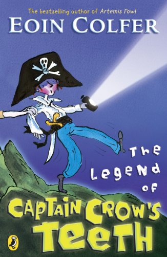 "Book cover featuring cartoon pirate boy with flashlight on a hill."