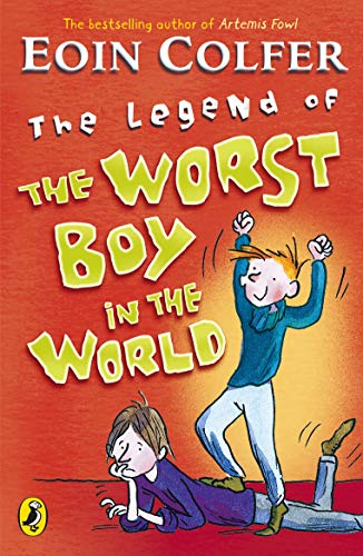 Book cover: red background, illustration of two boys, title "The Legend of the Worst Boy.