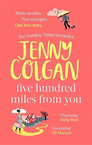 Book cover: red background, illustrated couple with umbrella, title "five hundred miles from you".