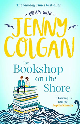 Book cover showing a couple sitting on a stack of books above ocean waves.