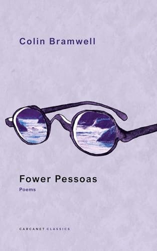 Book cover with a purple background, glasses illustration, and text Fower Pessoas by Colin Bramwell.