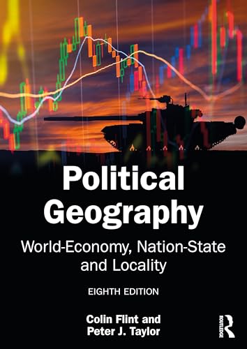 Book cover: "Political Geography" with financial charts and a tank silhouette.
