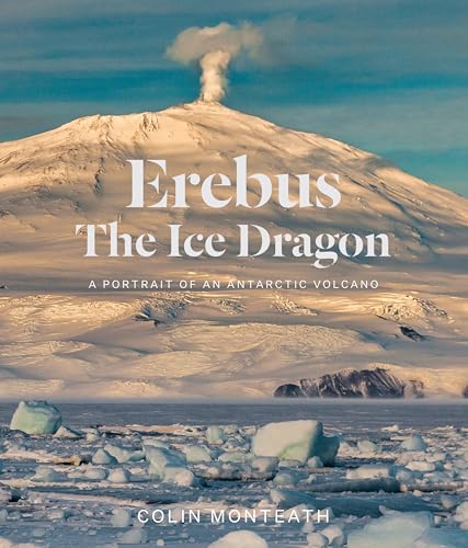 Snowy Antarctic volcano, Mount Erebus, with smoke plume and icy seascape.