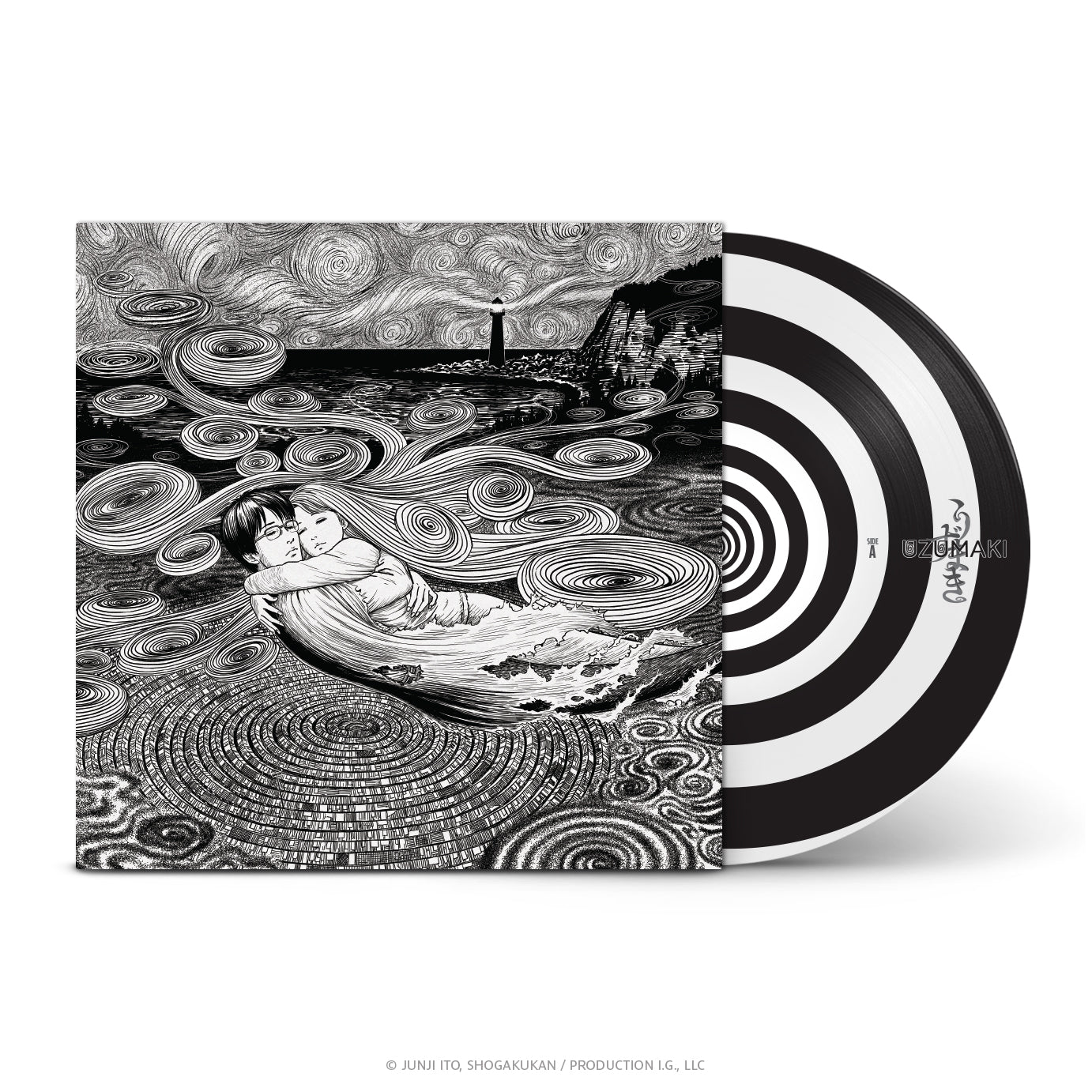 Vinyl record cover and disc featuring Junji Ito's black and white spiral art.