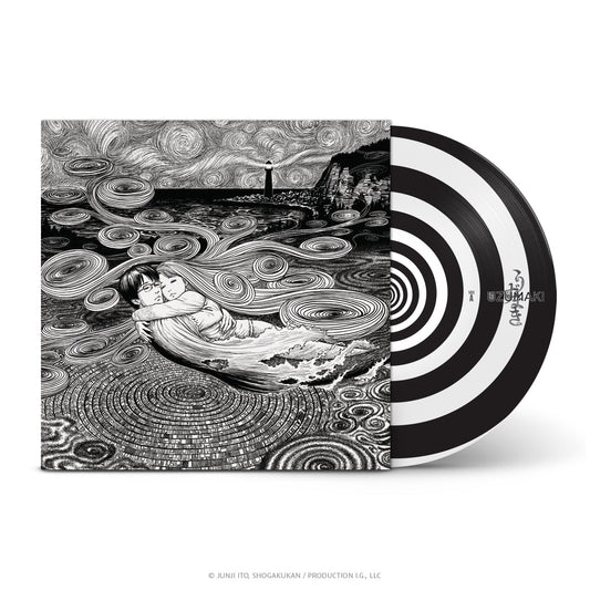 Vinyl record cover and disc featuring Junji Ito's black and white spiral art.