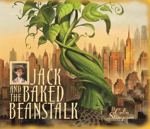 Book cover with a beanstalk in a cityscape, titled "Jack and the Baked Beanstalk".