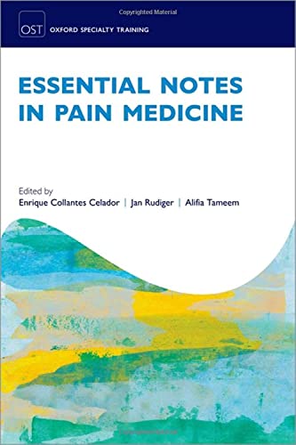Book cover: "Essential Notes in Pain Medicine" with abstract blue artwork.