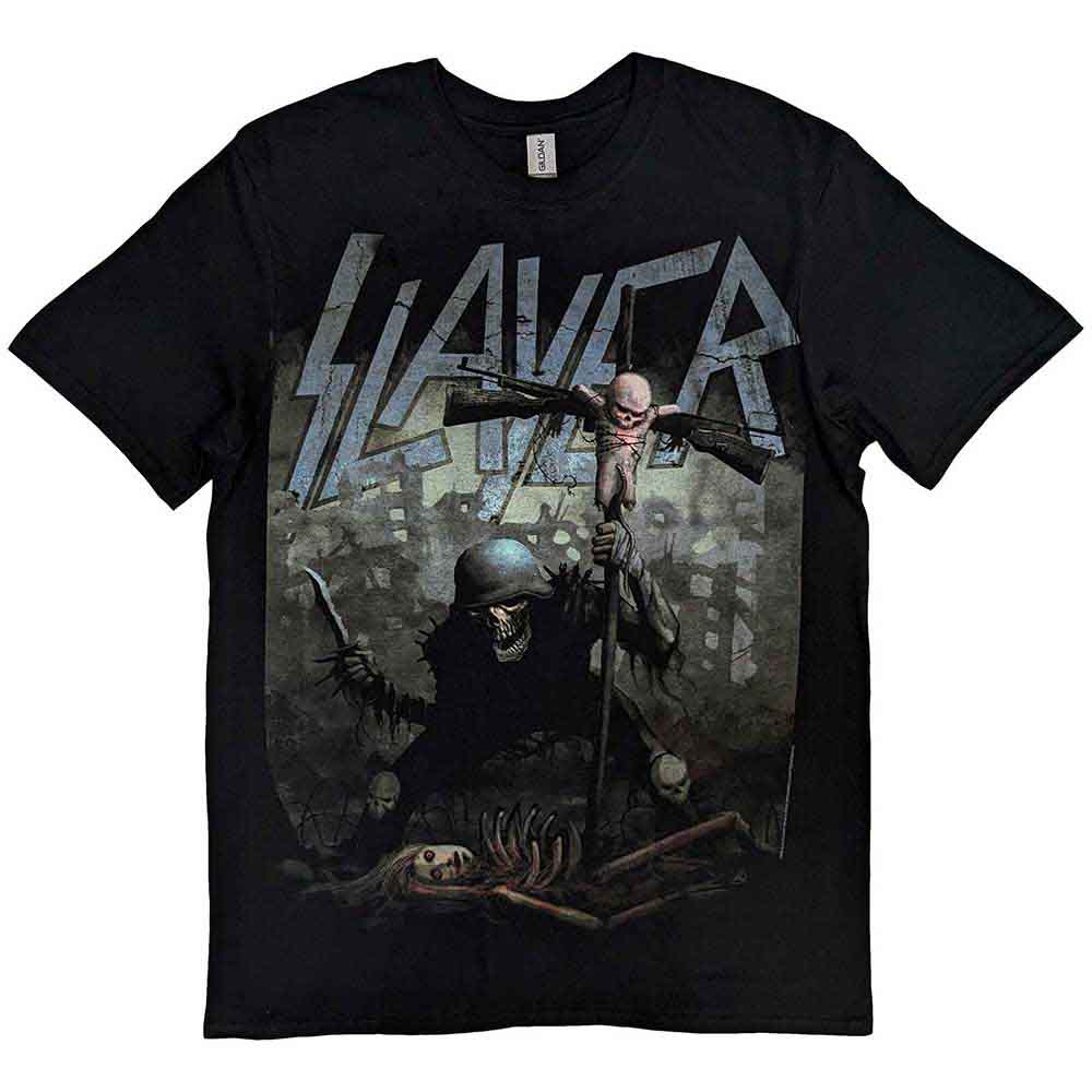 Black t-shirt with Slayer band logo and soldier skull graphic.