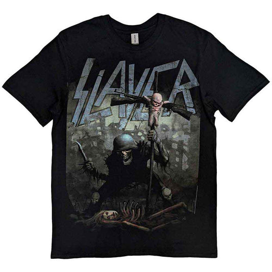 Black t-shirt with Slayer band logo and soldier skull graphic.