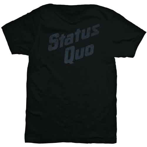 Black t-shirt with “Status Quo” text on the chest, modeled on a man.