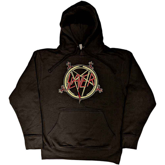 Black hooded sweatshirt with a large Slayer band logo graphic.