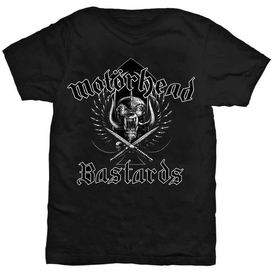 Black t-shirt with white Motorhead skull and band name graphic.