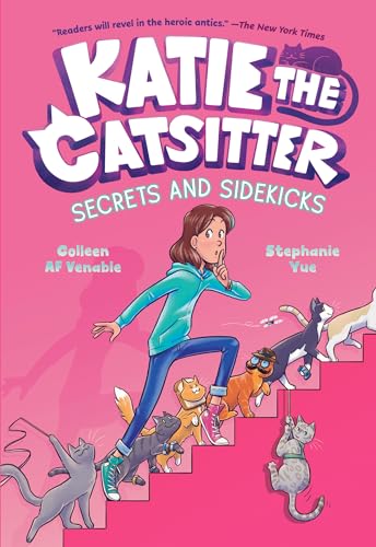 A girl in a teal hoodie walks up pink stairs surrounded by several cats.