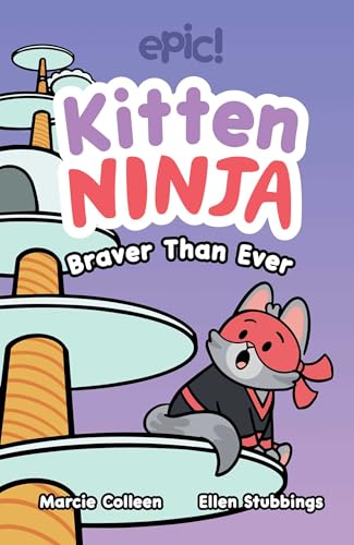A gray kitten ninja wearing a red mask sits on a tall cat tower.