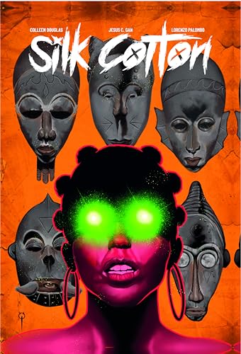 Graphic novel cover with a Black woman and stylized African masks.