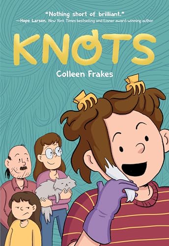 Book cover for "Knots" featuring cartoon characters and tangled hair.