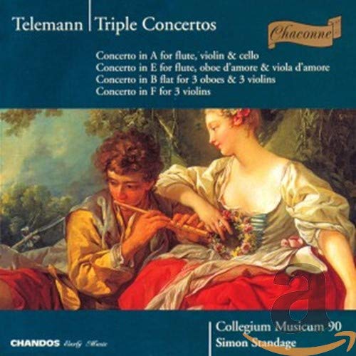 CD cover featuring Telemann Triple Concertos with a painting of a flute player and woman.