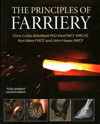 Book cover for The Principles of Farriery featuring glowing metal and horse hoof images.