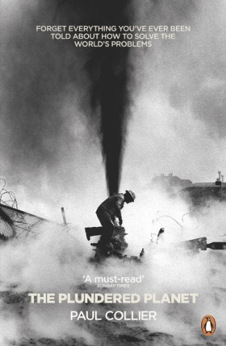 Book cover depicting smoke, a lone figure, and barbed wire; title: The Plundered Planet.