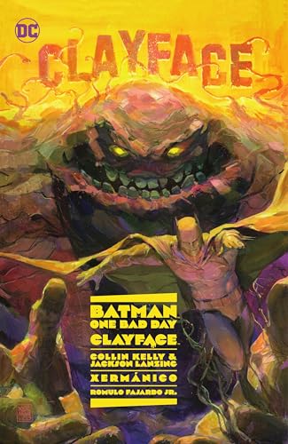 Batman leaps in front of a giant, menacing, mud-like Clayface monster on a yellow background.