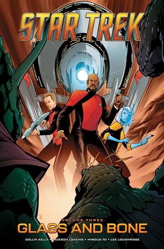 Star Trek comic book cover featuring three characters and a spaceship.