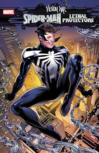 Spider-Man in black Venom suit, dynamic pose, city background, chains.