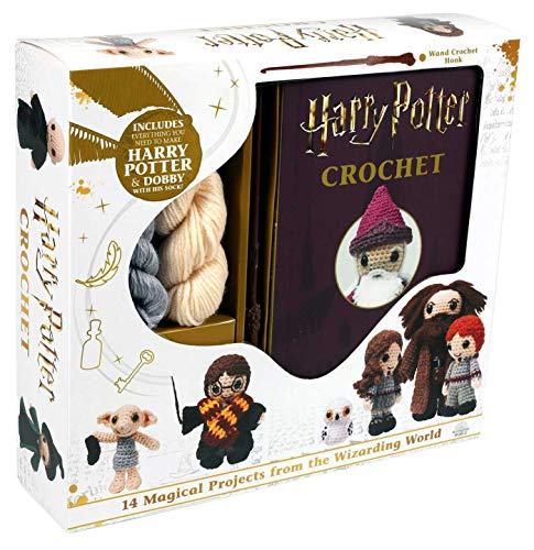 Harry Potter crochet kit box featuring a book, yarn, and several finished character dolls.