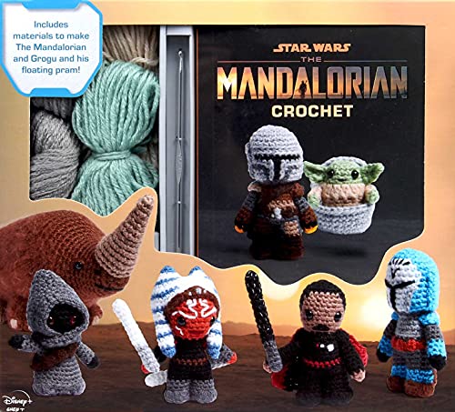Star Wars The Mandalorian crochet kit with yarn, hook, and several crocheted character figures.