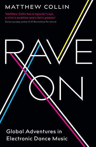 Book cover: "Rave On" with bold white text and colorful diagonal lines.