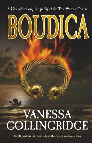 Book cover for “Boudica” biography with gold text, flames, and Celtic torc.