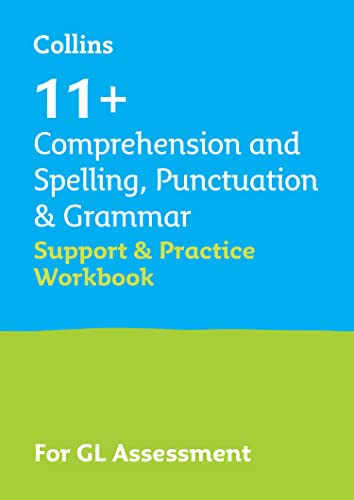 Blue and green cover of "11+ Comprehension and Spelling" workbook.