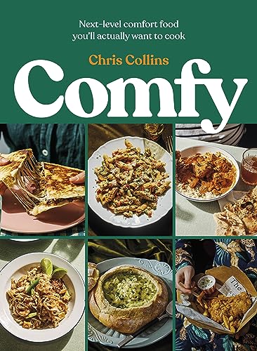 Cookbook cover, “Comfy”, featuring six images of various comfort food dishes.