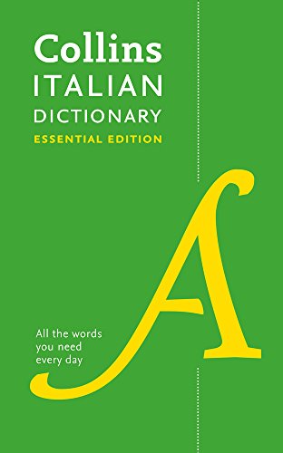 Green cover of Collins Italian Essential Dictionary with a large yellow "A".