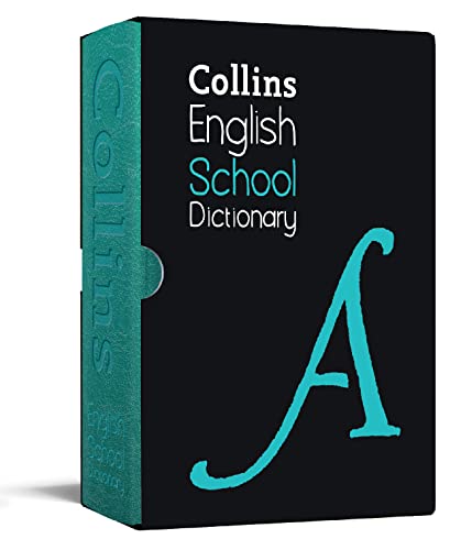 Dark blue Collins English School Dictionary with a teal spine and letter "A".
