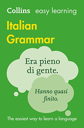 Green cover of "Easy Learning Italian Grammar" book with text bubbles.