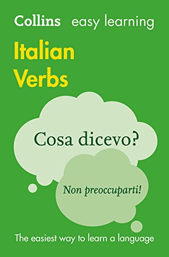 Green cover of “Easy Learning Italian Verbs” book with speech bubble.