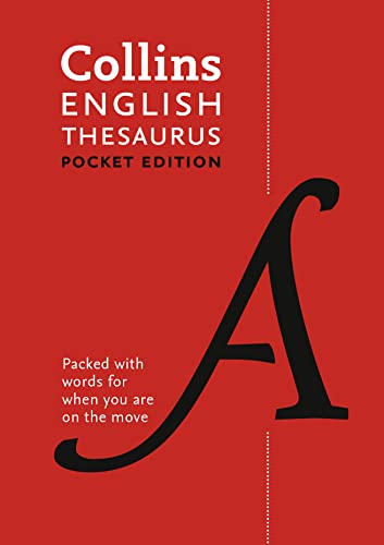 Red book cover titled Collins English Thesaurus Pocket Edition with a large black letter A.