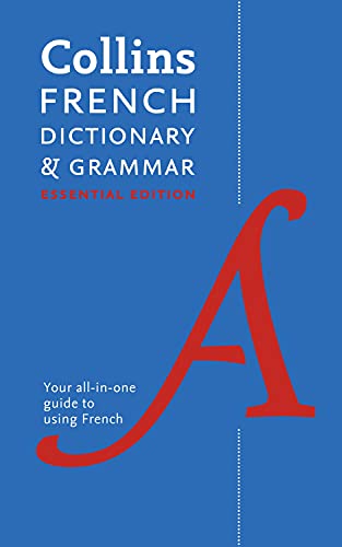 Blue book cover with “Collins French Dictionary & Grammar” and a red letter A.