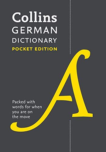 Collins German Pocket Dictionary cover with a large yellow letter A on grey background.