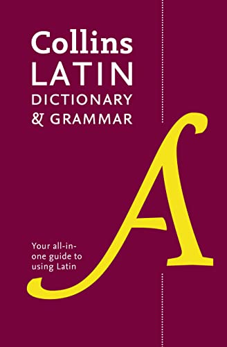 Purple book cover with white text "Collins Latin Dictionary & Grammar" and a gold "A".