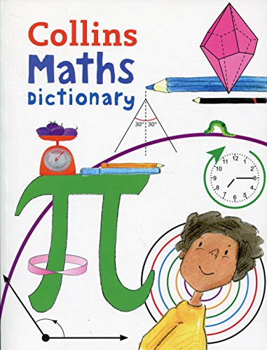 Collins Maths Dictionary cover with illustrations of math concepts and a child.
