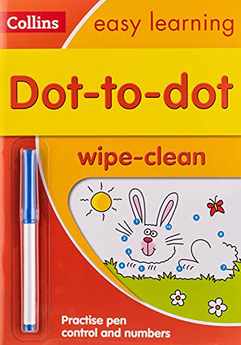 Red dot-to-dot activity book with a blue pen and animal illustrations.