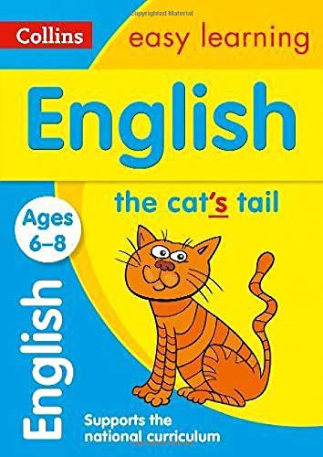 Collins Easy Learning English workbook for ages 6-8 with a cat illustration.