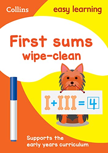 Wipe-clean activity book cover with dog, addition problem, and blue marker.