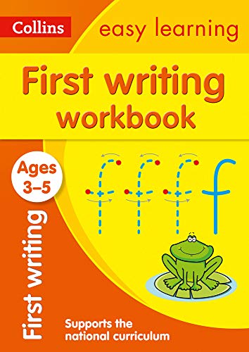Collins First Writing Workbook for ages 3-5 featuring a green frog on the cover.