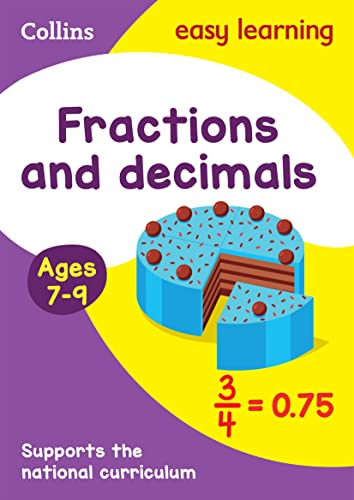 Purple cover with “Fractions and decimals” title, cake image, and age range 7-9.