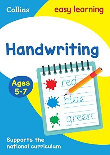 Handwriting practice book for ages 5-7 with notepad and pencil illustration.